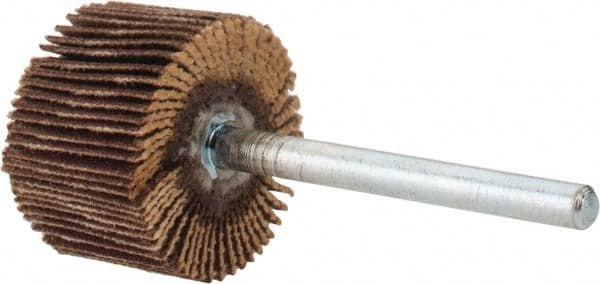 Merit Abrasives - 3/4" Diam x 1/2" Face Width, Very Fine Aluminum Oxide Coated Mounted Flap Wheel - 1/8" Shank Mount, 240 Grit, Cloth Backing, 35,000 Max RPM - Americas Industrial Supply