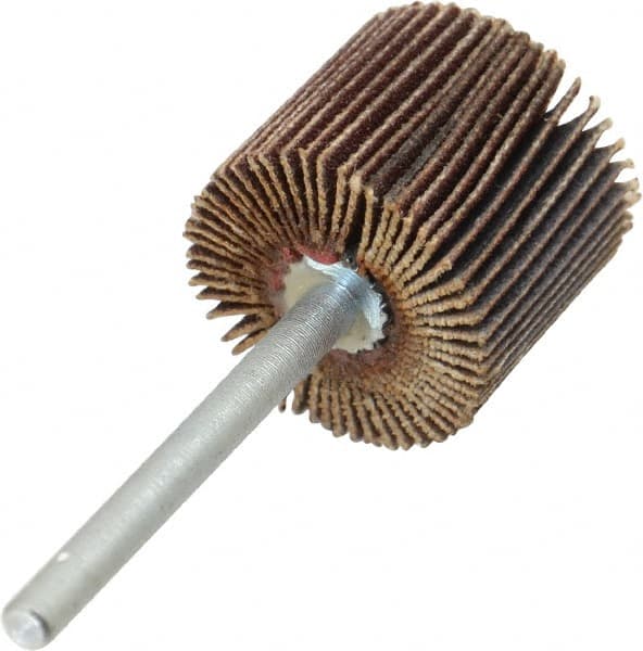 Merit Abrasives - 3/4" Diam x 5/8" Face Width, Very Fine Aluminum Oxide Coated Mounted Flap Wheel - 1/8" Shank Mount, 180 Grit, Cloth Backing, 35,000 Max RPM - Americas Industrial Supply
