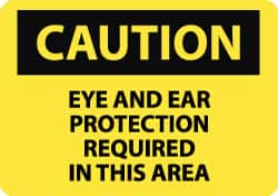 NMC - "Caution - Eye and Ear Protection Required in This Area", 10" Long x 14" Wide, Pressure-Sensitive Vinyl Safety Sign - Rectangle, 0.004" Thick, Use for Accident Prevention - Americas Industrial Supply