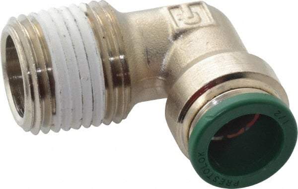 Parker - 1/2" Outside Diam, 1/2 NPTF, Nickel Plated Brass Push-to-Connect Tube Male Elbow - 300 Max psi, Tube to Male NPT Connection, Buna-N O-Ring - Americas Industrial Supply