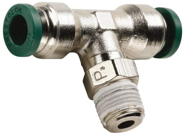 Parker - 1/4" Outside Diam, 1/8 NPTF, Nickel Plated Brass Push-to-Connect Tube Male Swivel Branch Tee - 300 Max psi, Tube to Male NPT Connection, Buna-N O-Ring - Americas Industrial Supply