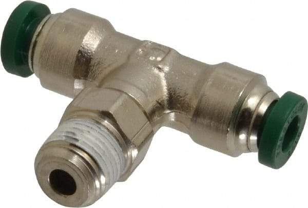 Parker - 3/16" Outside Diam, 1/8 NPTF, Nickel Plated Brass Push-to-Connect Tube Male Swivel Branch Tee - 300 Max psi, Tube to Male NPT Connection, Buna-N O-Ring - Americas Industrial Supply