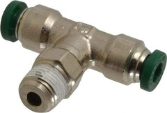 Parker - 3/16" Outside Diam, 1/8 NPTF, Nickel Plated Brass Push-to-Connect Tube Male Swivel Branch Tee - 300 Max psi, Tube to Male NPT Connection, Buna-N O-Ring - Americas Industrial Supply