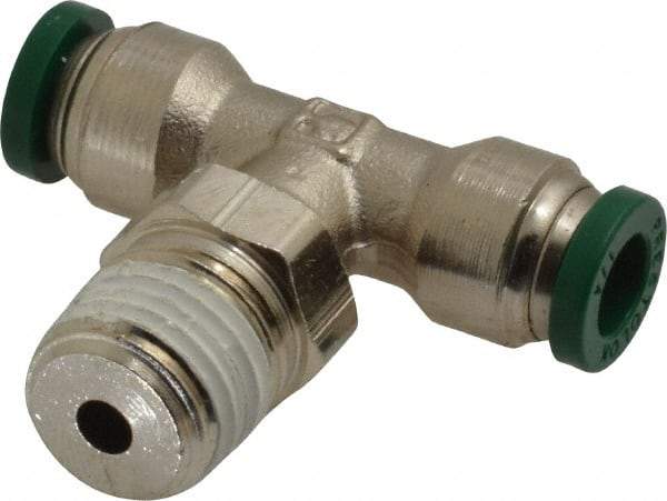 Parker - 1/4" Outside Diam, 1/4 NPTF, Nickel Plated Brass Push-to-Connect Tube Male Swivel Branch Tee - 300 Max psi, Tube to Male NPT Connection, Buna-N O-Ring - Americas Industrial Supply