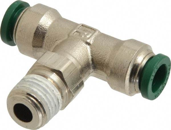 Parker - 5/16" Outside Diam, 1/4 NPTF, Nickel Plated Brass Push-to-Connect Tube Male Swivel Branch Tee - 300 Max psi, Tube to Male NPT Connection, Buna-N O-Ring - Americas Industrial Supply