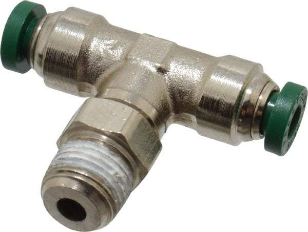 Parker - 5/32" Outside Diam, 1/8 NPTF, Nickel Plated Brass Push-to-Connect Tube Male Swivel Branch Tee - 300 Max psi, Tube to Male NPT Connection, Buna-N O-Ring - Americas Industrial Supply