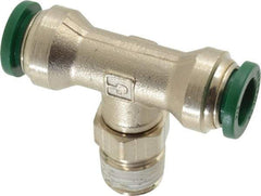 Parker - 3/8" Outside Diam, 1/4 NPTF, Nickel Plated Brass Push-to-Connect Tube Male Swivel Branch Tee - 300 Max psi, Tube to Male NPT Connection, Buna-N O-Ring - Americas Industrial Supply