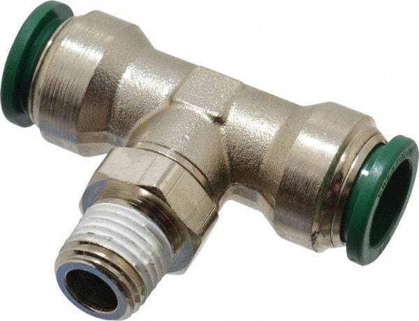 Parker - 1/2" Outside Diam, 1/4 NPTF, Nickel Plated Brass Push-to-Connect Tube Male Swivel Branch Tee - 300 Max psi, Tube to Male NPT Connection, Buna-N O-Ring - Americas Industrial Supply