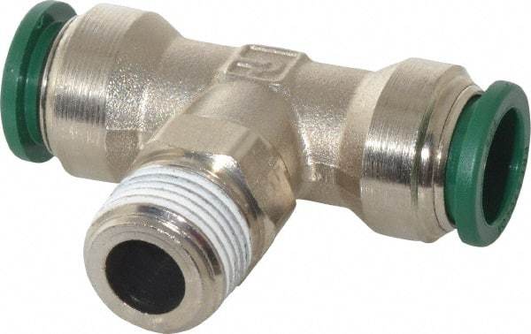 Parker - 1/2" Outside Diam, 3/8 NPTF, Nickel Plated Brass Push-to-Connect Tube Male Swivel Branch Tee - 300 Max psi, Tube to Male NPT Connection, Buna-N O-Ring - Americas Industrial Supply