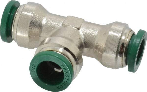 Parker - 3/8" Outside Diam, Nickel Plated Brass Push-to-Connect Tube Union Tee - 300 Max psi, Tube to Tube Connection, Buna-N O-Ring - Americas Industrial Supply