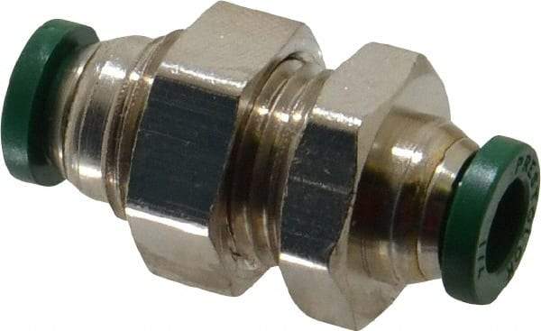 Parker - 1/4" Outside Diam, Nickel Plated Brass Push-to-Connect Tube Bulkhead Union - 300 Max psi, Tube to Tube Connection, Buna-N O-Ring - Americas Industrial Supply