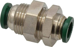 Parker - 3/8" Outside Diam, Nickel Plated Brass Push-to-Connect Tube Bulkhead Union - 300 Max psi, Tube to Tube Connection, Buna-N O-Ring - Americas Industrial Supply