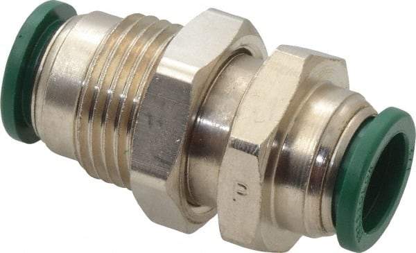 Parker - 1/2" Outside Diam, Nickel Plated Brass Push-to-Connect Tube Bulkhead Union - 300 Max psi, Tube to Tube Connection, Buna-N O-Ring - Americas Industrial Supply