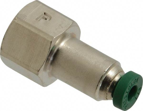 Parker - 1/8" Outside Diam, 1/8 NPTF, Nickel Plated Brass Push-to-Connect Tube Female Connector - 300 Max psi, Tube to Female NPT Connection, Buna-N O-Ring - Americas Industrial Supply