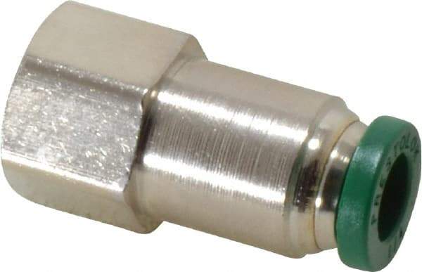 Parker - 1/4" Outside Diam, 1/8 NPTF, Nickel Plated Brass Push-to-Connect Tube Female Connector - 300 Max psi, Tube to Female NPT Connection, Buna-N O-Ring - Americas Industrial Supply