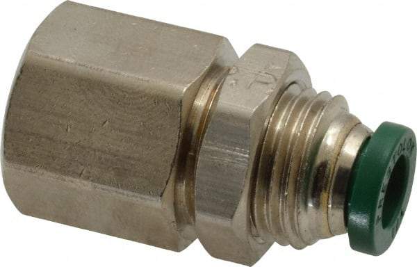 Parker - 1/4" Outside Diam, 1/4 NPTF, Nickel Plated Brass Push-to-Connect Tube Female Bulkhead - 300 Max psi, Tube to Female NPT Connection, Buna-N O-Ring - Americas Industrial Supply
