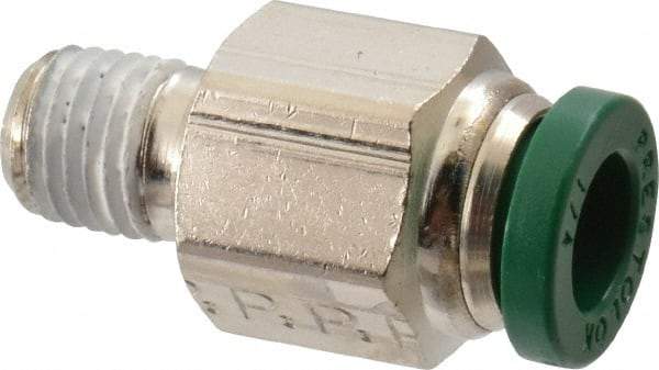Parker - 1/4" Outside Diam, 1/16 NPTF, Nickel Plated Brass Push-to-Connect Tube Male Connector - 300 Max psi, Tube to Male NPT Connection, Buna-N O-Ring - Americas Industrial Supply