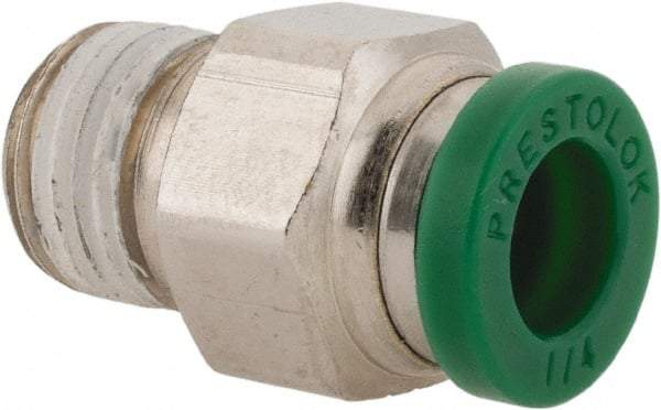 Parker - 1/4" Outside Diam, 1/8 NPTF, Nickel Plated Brass Push-to-Connect Tube Male Connector - 300 Max psi, Tube to Male NPT Connection, Buna-N O-Ring - Americas Industrial Supply