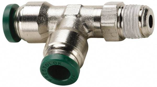 Parker - 1/2" Outside Diam, 1/2 NPTF, Nickel Plated Brass Push-to-Connect Tube Male Swivel Run Tee - 300 Max psi, Tube to Male NPT Connection, Buna-N O-Ring - Americas Industrial Supply