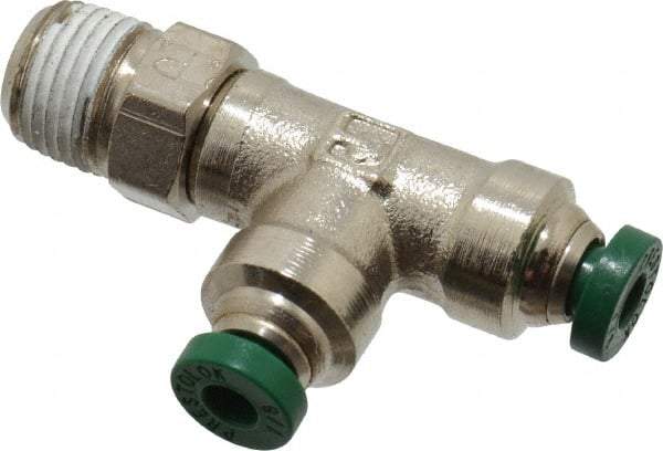 Parker - 1/8" Outside Diam, 1/8 NPTF, Nickel Plated Brass Push-to-Connect Tube Male Swivel Run Tee - 300 Max psi, Tube to Male NPT Connection, Buna-N O-Ring - Americas Industrial Supply