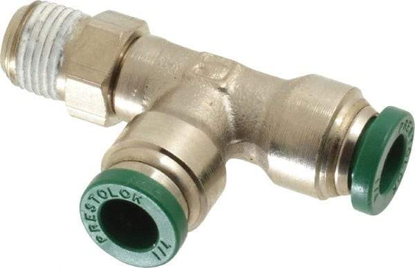 Parker - 1/4" Outside Diam, 1/8 NPTF, Nickel Plated Brass Push-to-Connect Tube Male Swivel Run Tee - 300 Max psi, Tube to Male NPT Connection, Buna-N O-Ring - Americas Industrial Supply