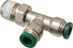 Parker - 1/4" Outside Diam, 1/4 NPTF, Nickel Plated Brass Push-to-Connect Tube Male Swivel Run Tee - 300 Max psi, Tube to Male NPT Connection, Buna-N O-Ring - Americas Industrial Supply