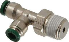 Parker - 1/4" Outside Diam, 3/8 NPTF, Nickel Plated Brass Push-to-Connect Tube Male Swivel Run Tee - 300 Max psi, Tube to Male NPT Connection, Buna-N O-Ring - Americas Industrial Supply
