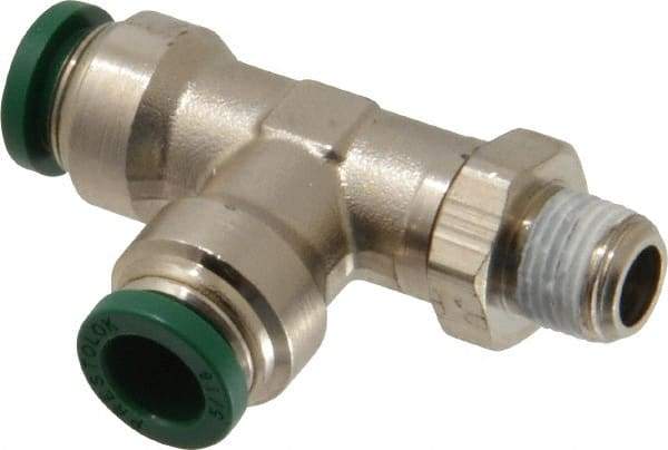Parker - 5/16" Outside Diam, 1/8 NPTF, Nickel Plated Brass Push-to-Connect Tube Male Swivel Run Tee - 300 Max psi, Tube to Male NPT Connection, Buna-N O-Ring - Americas Industrial Supply