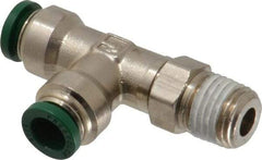 Parker - 5/16" Outside Diam, 1/4 NPTF, Nickel Plated Brass Push-to-Connect Tube Male Swivel Run Tee - 300 Max psi, Tube to Male NPT Connection, Buna-N O-Ring - Americas Industrial Supply