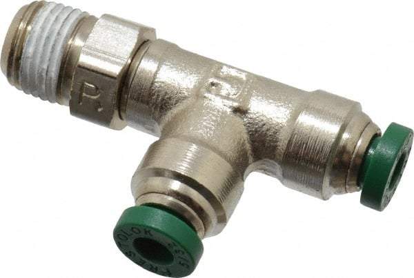 Parker - 5/32" Outside Diam, 1/8 NPTF, Nickel Plated Brass Push-to-Connect Tube Male Swivel Run Tee - 300 Max psi, Tube to Male NPT Connection, Buna-N O-Ring - Americas Industrial Supply