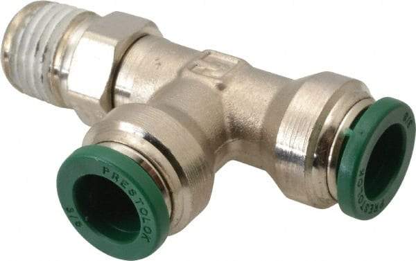 Parker - 3/8" Outside Diam, 1/4 NPTF, Nickel Plated Brass Push-to-Connect Tube Male Swivel Run Tee - 300 Max psi, Tube to Male NPT Connection, Buna-N O-Ring - Americas Industrial Supply