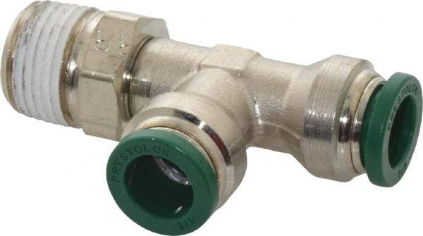 Parker - 3/8" Outside Diam, 3/8 NPTF, Nickel Plated Brass Push-to-Connect Tube Male Swivel Run Tee - 300 Max psi, Tube to Male NPT Connection, Buna-N O-Ring - Americas Industrial Supply