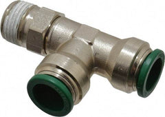 Parker - 1/2" Outside Diam, 3/8 NPTF, Nickel Plated Brass Push-to-Connect Tube Male Swivel Run Tee - 300 Max psi, Tube to Male NPT Connection, Buna-N O-Ring - Americas Industrial Supply
