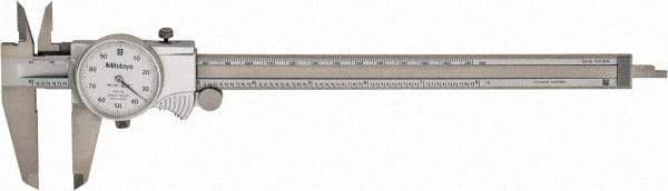Mitutoyo - 8" Max, 0.001" Graduation, 0.1" per Revolution, Dial Caliper - White Face, 1.9688" Jaw Length, Accurate to 0.0020" - Americas Industrial Supply