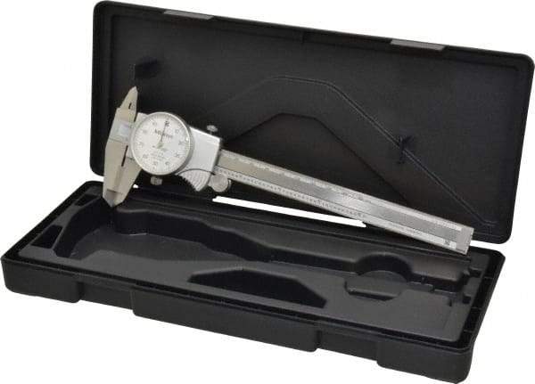 Mitutoyo - 0mm to 6" Range, 0.001" Graduation, 0.1" per Revolution, Dial Caliper - White Face, 1-9/16" Jaw Length, Accurate to 0.0010" - Americas Industrial Supply