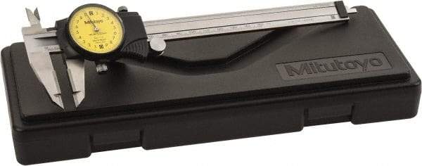 Mitutoyo - 0mm to 150mm Range, 0.02 mm Graduation, 2mm per Revolution, Dial Caliper - Yellow Face, 1-9/16" Jaw Length, Accurate to 0.03mm - Americas Industrial Supply