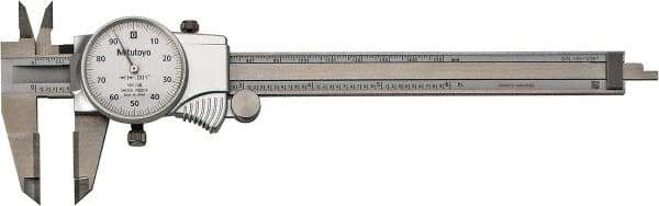 Mitutoyo - 0mm to 6" Range, 0.001" Graduation, 0.1" per Revolution, Dial Caliper - White Face, 1-9/16" Jaw Length, Accurate to 0.0010" - Americas Industrial Supply