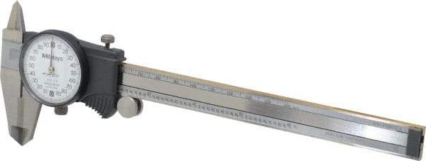 Mitutoyo - 0mm to 6" Range, 0.001" Graduation, 0.2" per Revolution, Dial Caliper - White Face, 1-9/16" Jaw Length, Accurate to 0.0010" - Americas Industrial Supply