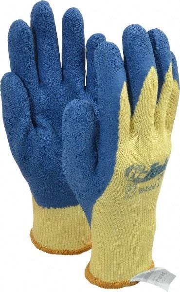 PRO-SAFE - Size L (9), ANSI Cut Lvl A3, Puncture Lvl 4, Abrasion Lvl 2, Latex Coated Cut Resistant Gloves - 9" Long, Palm & Fingers Coated, Kevlar Lining, Knit Wrist, Yellow/Blue, Paired - Americas Industrial Supply