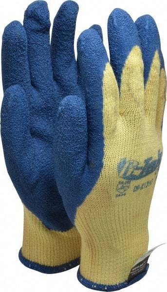 PRO-SAFE - Size M (8), ANSI Cut Lvl A3, Puncture Lvl 4, Abrasion Lvl 2, Latex Coated Cut Resistant Gloves - 9" Long, Palm & Fingers Coated, Kevlar Lining, Knit Wrist, Yellow/Blue, Paired - Americas Industrial Supply
