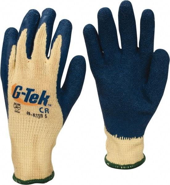 PRO-SAFE - Size S (7), ANSI Cut Lvl A3, Puncture Lvl 4, Abrasion Lvl 2, Latex Coated Cut Resistant Gloves - 9" Long, Palm & Fingers Coated, Kevlar Lining, Knit Wrist, Yellow/Blue, Paired - Americas Industrial Supply