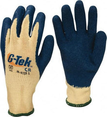 PRO-SAFE - Size S (7), ANSI Cut Lvl A3, Puncture Lvl 4, Abrasion Lvl 2, Latex Coated Cut Resistant Gloves - 9" Long, Palm & Fingers Coated, Kevlar Lining, Knit Wrist, Yellow/Blue, Paired - Americas Industrial Supply