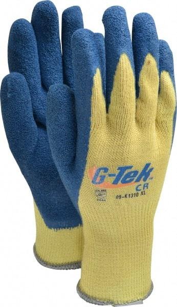 PRO-SAFE - Size XL (10), ANSI Cut Lvl A3, Puncture Lvl 4, Abrasion Lvl 2, Latex Coated Cut Resistant Gloves - 9" Long, Palm & Fingers Coated, Kevlar Lining, Knit Wrist, Yellow/Blue, Paired - Americas Industrial Supply