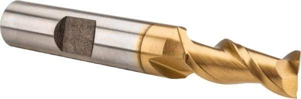 Hertel - 5/16", 3/4" LOC, 3/8" Shank Diam, 2-1/2" OAL, 2 Flute, High Speed Steel Square End Mill - Single End, TiN Finish, Spiral Flute, 42° Helix, Centercutting, Right Hand Cut, Right Hand Flute - Americas Industrial Supply