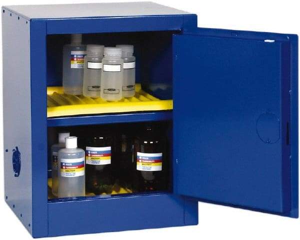 Eagle - 1 Door, 1 Shelf, Blue Steel Bench Top Safety Cabinet for Corrosive Chemicals - 23" High x 17-1/2" Wide x 18" Deep, Self Closing Door, 3 Point Key Lock, 4 Gal Capacity - Americas Industrial Supply