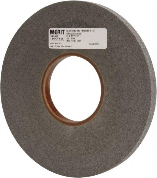 Merit Abrasives - 8" Diam, 1/2" Face Width, 3" Center Hole, Fine Grade, Silicon Carbide Deburring Wheel - Convolute, Hard Density 9 Grade, 4,500 RPM - Americas Industrial Supply