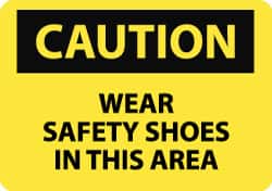 NMC - "Caution - Wear Safety Shoes in This Area", 10" Long x 14" Wide, Pressure-Sensitive Vinyl Safety Sign - Rectangle, 0.004" Thick, Use for Accident Prevention - Americas Industrial Supply