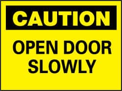 NMC - Caution - Open Door Slowly, Plastic Fire and Exit Sign - 10" Wide x 7" High - Americas Industrial Supply