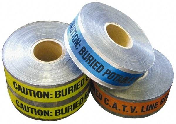 NMC - Caution: Buried Electric Line Below, Detectable Underground Tape - 1,000 Ft. Long x 2 Inch Wide Roll, Polyethylene on Aluminum, 5 mil Thick, Red - Americas Industrial Supply