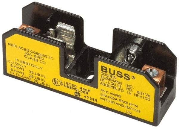 Cooper Bussmann - 1 Pole, 10 to 14 AWG, 600 VAC/VDC, 15 Amp, DIN Rail Mount Fuse Block - 3 Inch Long x 0.86 Inch Wide x 1.22 Inch High Block - Americas Industrial Supply